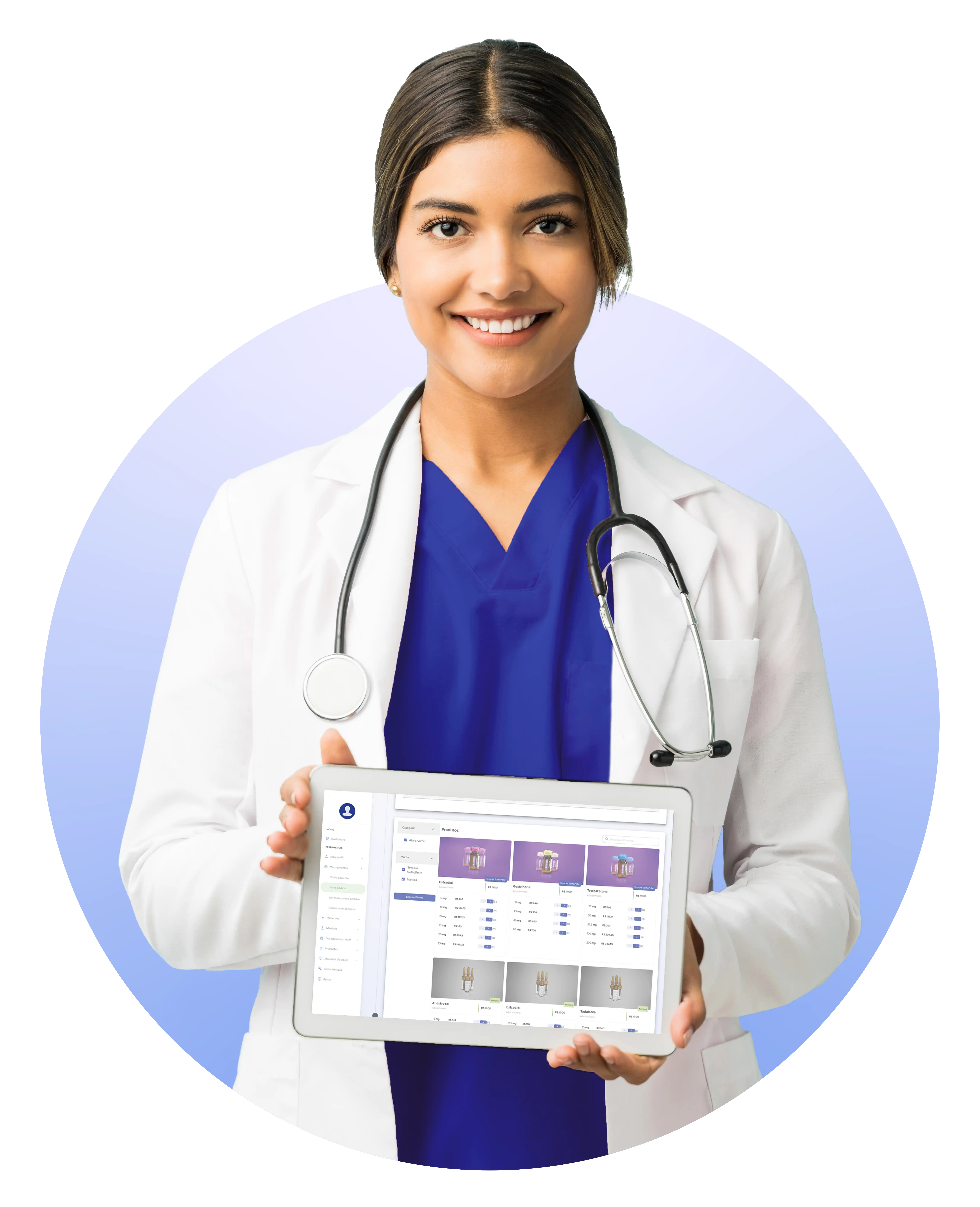 Médica sorrindo com jaleco e estetoscópio.